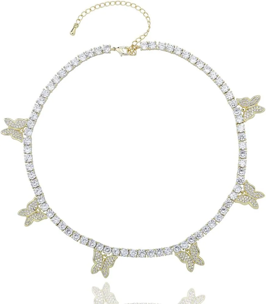JINAO 6 Times 14K 6 Times Gold Platinum Plated Charm Necklace Tennis Chain Charm Choker Bling Iced Out CZ Necklace Charm Necklace Silver Women