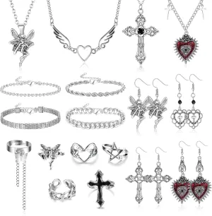 JOERICA 18PCS Punk Goth Grunge Jewelry Set Vintage Knuckle Rings, Gothic Dangle Grunge Earrings, Goth Necklace, Punk Chain Silver Bracelet, Emo Goth Chains Vintage Emo Y2K Jewelry