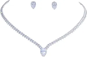 Jorsnovs Silver Teardrop Jewelry Sets for Women Cubic Zirconia Necklace and Stud Earrings Set Daily Accessories