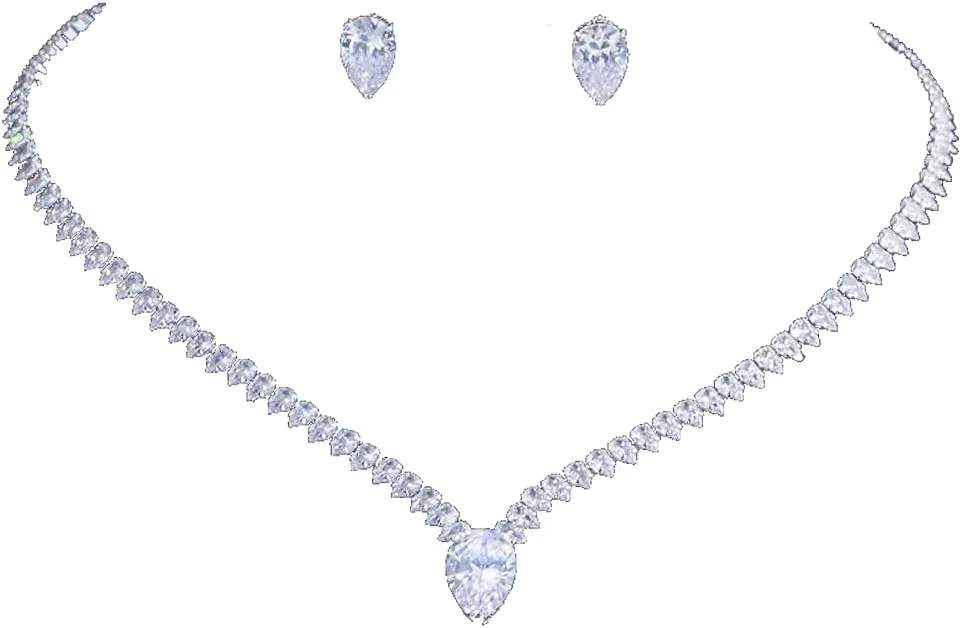 Jorsnovs Silver Teardrop Jewelry Sets for Women Cubic Zirconia Necklace and Stud Earrings Set Daily Accessories