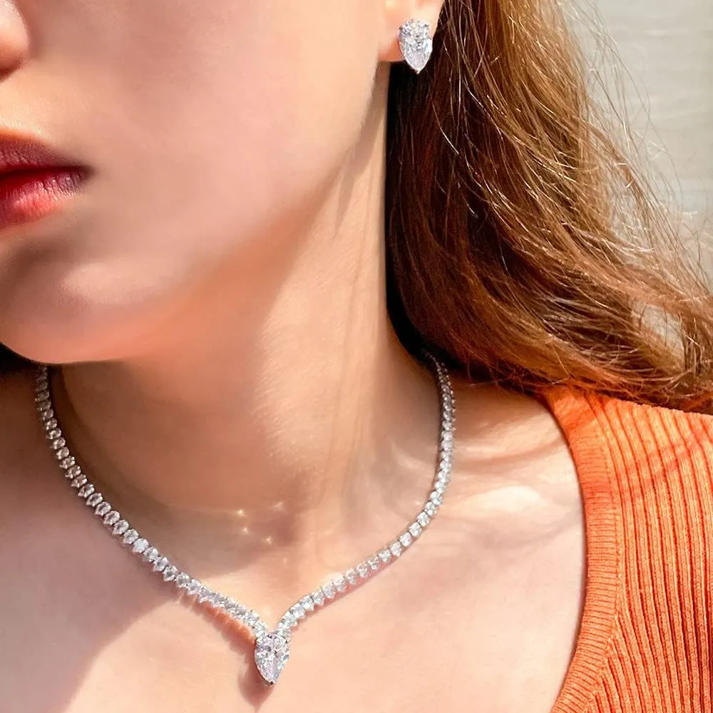 Jorsnovs Silver Teardrop Jewelry Sets for Women Cubic Zirconia Necklace and Stud Earrings Set Daily Accessories