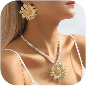 Jovono Boho Gold Jewelry Set Starfish Daisy Pendant Necklace Earrings Set Sunflower Rope Necklace Sets for Women and Girls