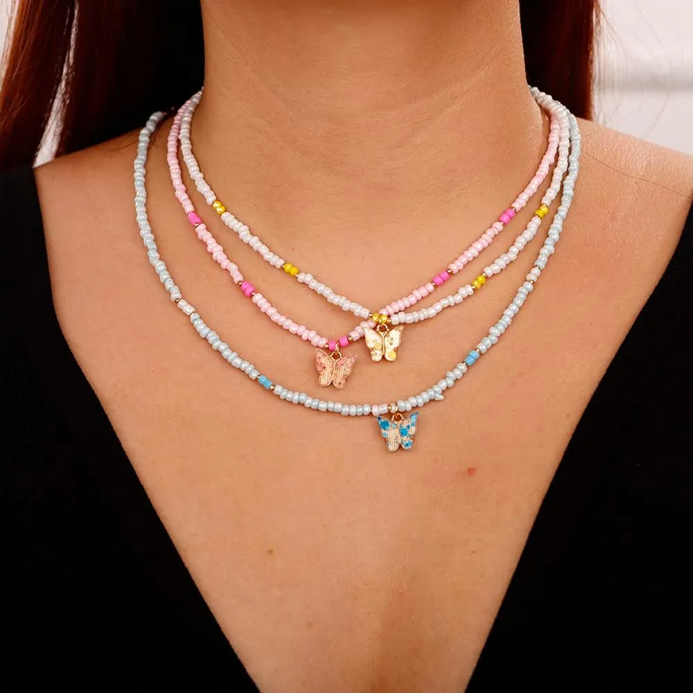 Jumwrit Bohemian Beaded Necklace Tiny Seed Bead Necklace Butterfly Pendant Necklace Adjustable Colorful Necklace for Women Teens and Girls (3PCS)