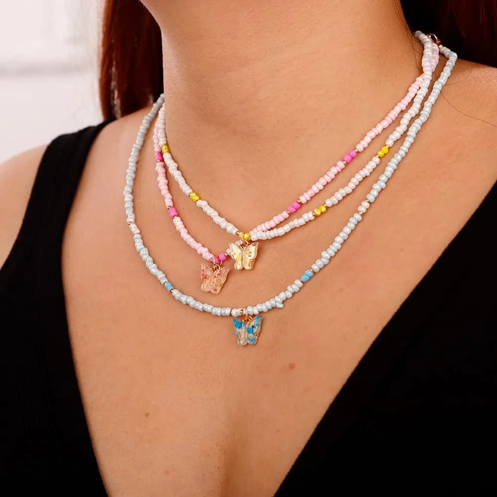 Jumwrit Bohemian Beaded Necklace Tiny Seed Bead Necklace Butterfly Pendant Necklace Adjustable Colorful Necklace for Women Teens and Girls (3PCS)