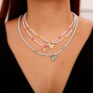 Jumwrit Bohemian Beaded Necklace Tiny Seed Bead Necklace Butterfly Pendant Necklace Adjustable Colorful Necklace for Women Teens and Girls (3PCS)