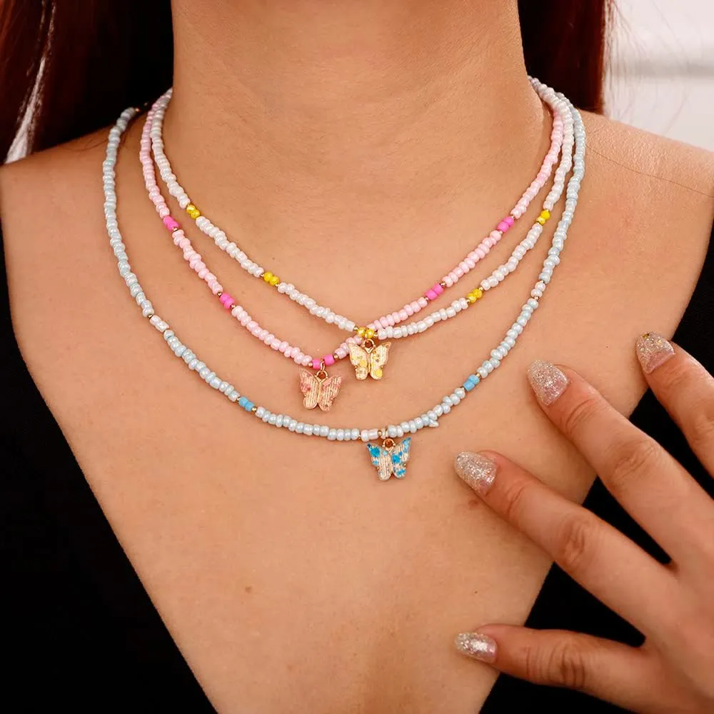 Jumwrit Bohemian Beaded Necklace Tiny Seed Bead Necklace Butterfly Pendant Necklace Adjustable Colorful Necklace for Women Teens and Girls (3PCS)
