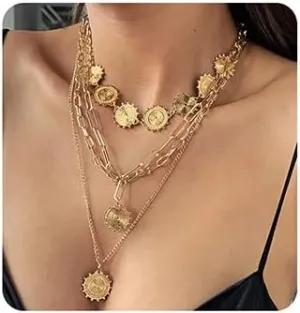 Jumwrit Bohemian Layered Necklace Dainty Chain Choker Necklace Golden Coin Pendant Necklace Statement Long Paperclip Necklace for Women