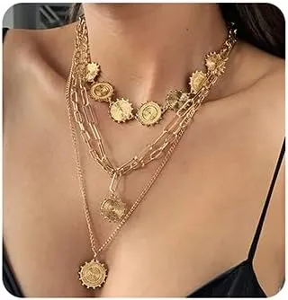 Jumwrit Bohemian Layered Necklace Dainty Chain Choker Necklace Golden Coin Pendant Necklace Statement Long Paperclip Necklace for Women