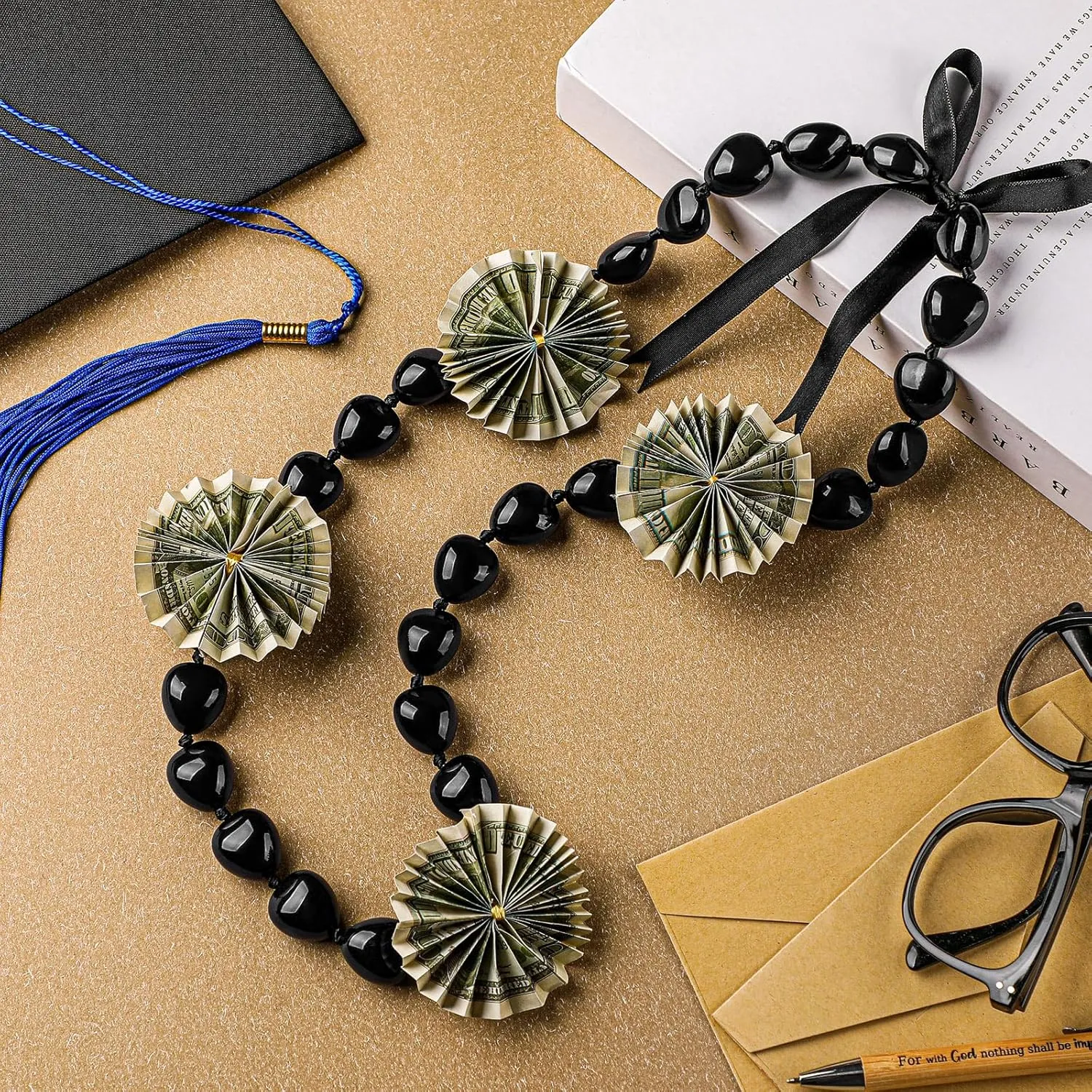 Karenhi Graduation Kukui Nut Lei Necklace 47 Inch Class of 2025 Kukui Lei Chunky Hawaiian Necklace 2025 Graduation Gift Luau Party Accessories for Adults Women Men