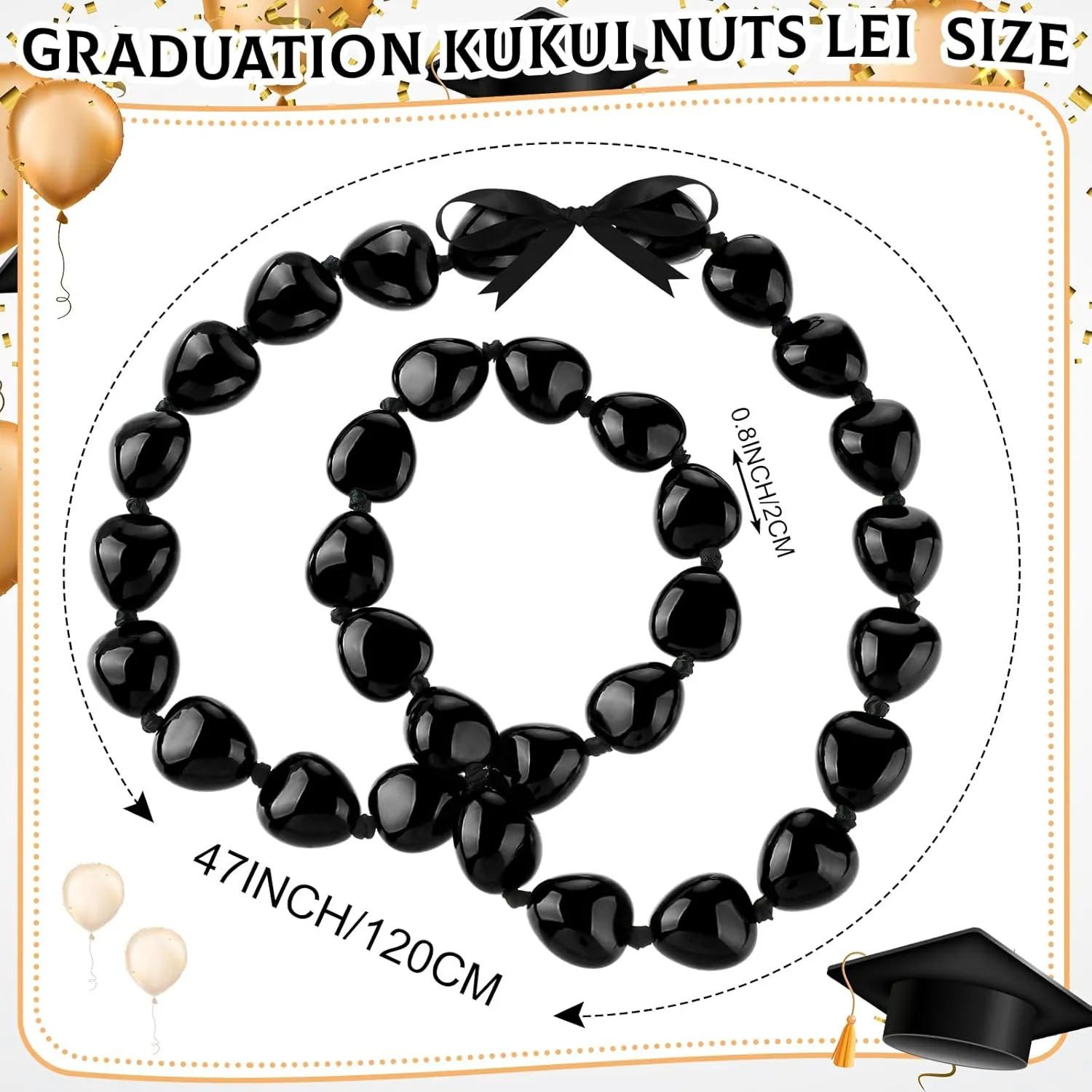 Karenhi Graduation Kukui Nut Lei Necklace 47 Inch Class of 2025 Kukui Lei Chunky Hawaiian Necklace 2025 Graduation Gift Luau Party Accessories for Adults Women Men