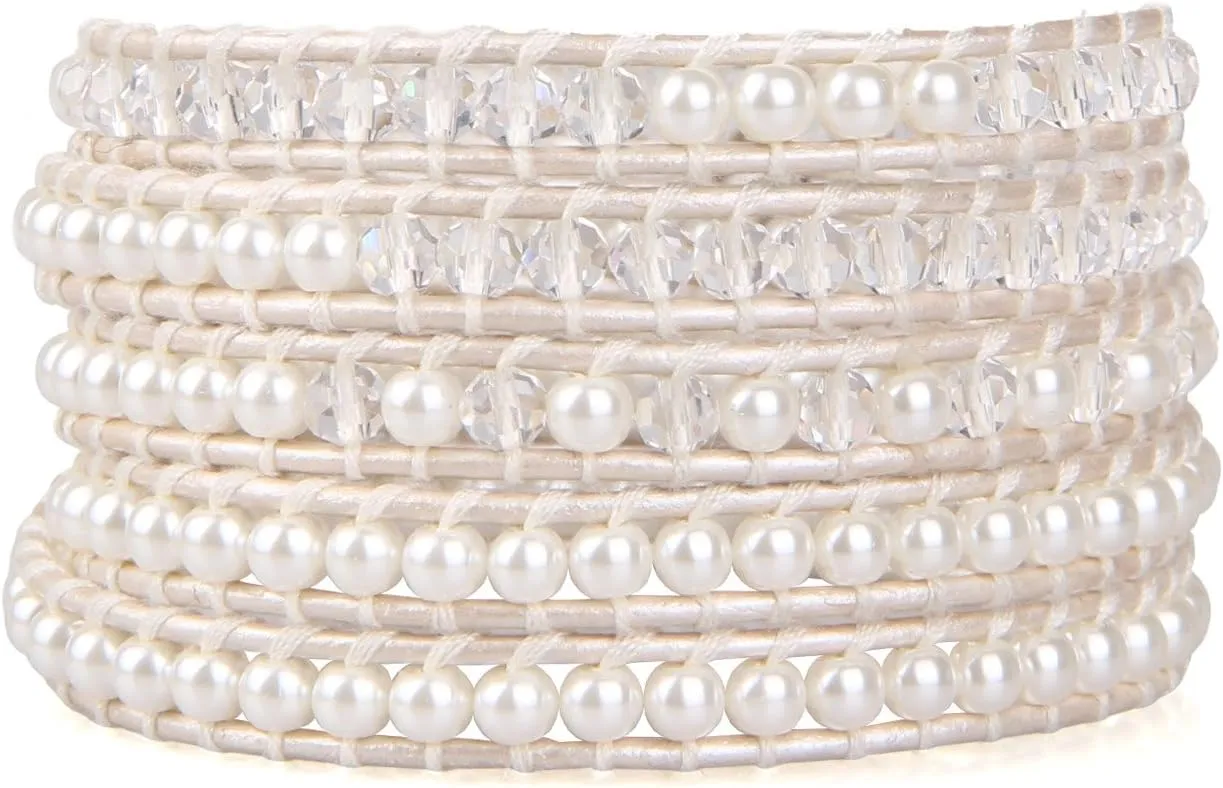KELITCH Pearl Crystal Beads Bracelets Handmade Natural Leather 5 Wrap Bracelet for Women Classic Bangle Jewelry