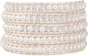 KELITCH Pearl Crystal Beads Bracelets Handmade Natural Leather 5 Wrap Bracelet for Women Classic Bangle Jewelry