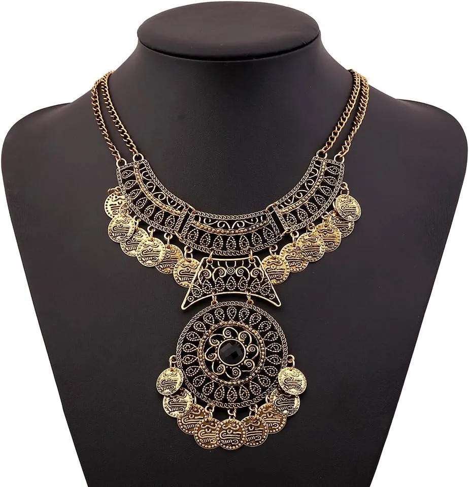 Kenfery Bohemian Retro Gothic Black Gemstone Carving Geometric Boho Statement Necklace Jewelry for Women (Retro Gold)