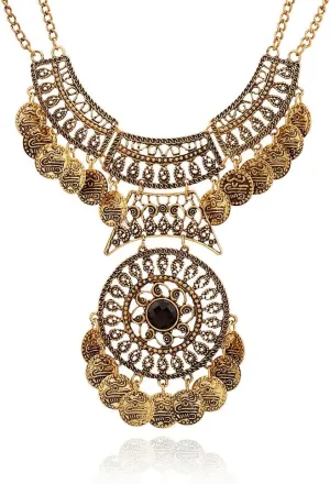 Kenfery Bohemian Retro Gothic Black Gemstone Carving Geometric Boho Statement Necklace Jewelry for Women (Retro Gold)