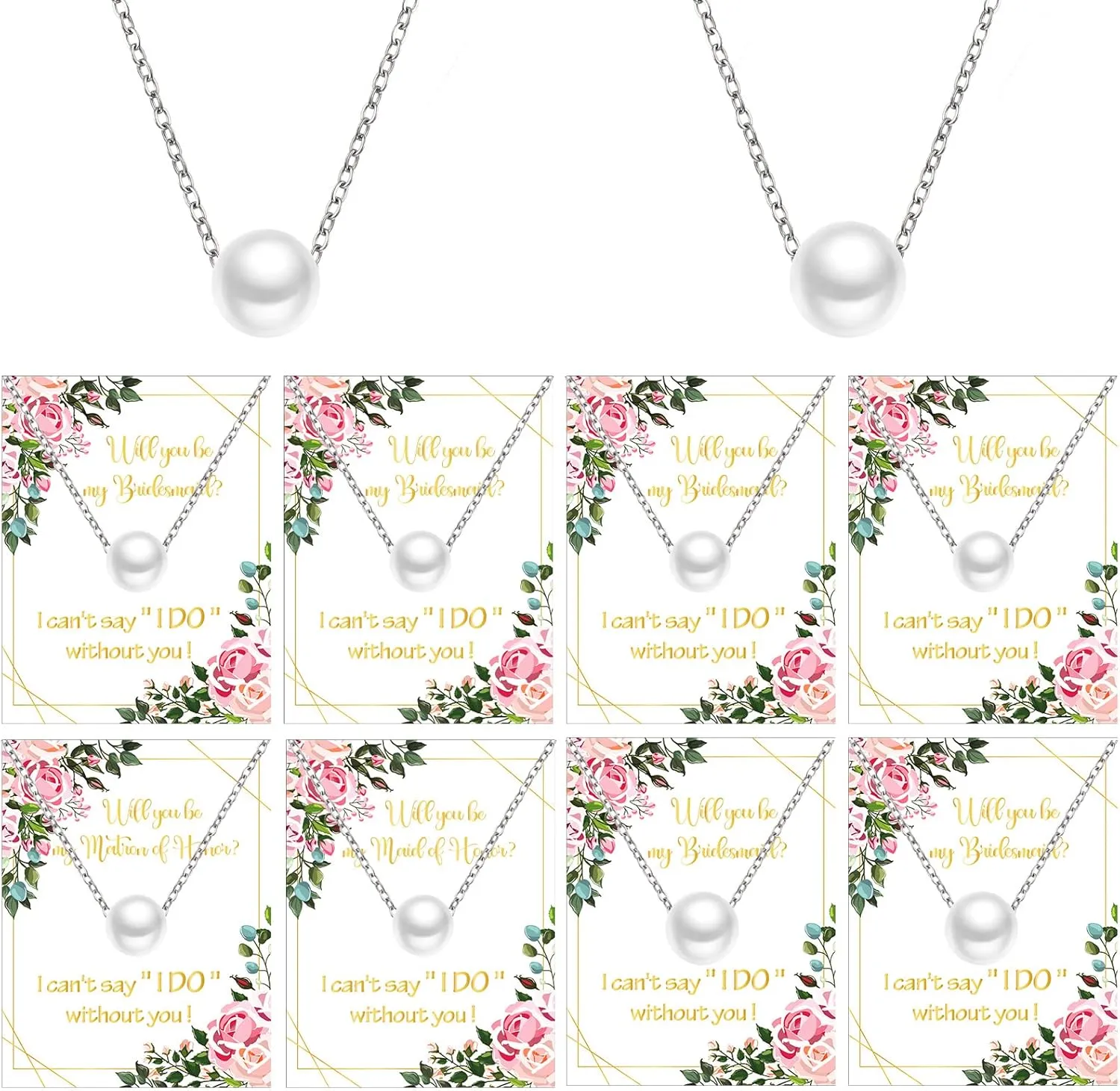 Kigeli 8 Pcs Pearl Pendant Necklace Bridesmaid Jewelry Wedding Gifts for Bridal Party With Card for Woman Wedding Proposal