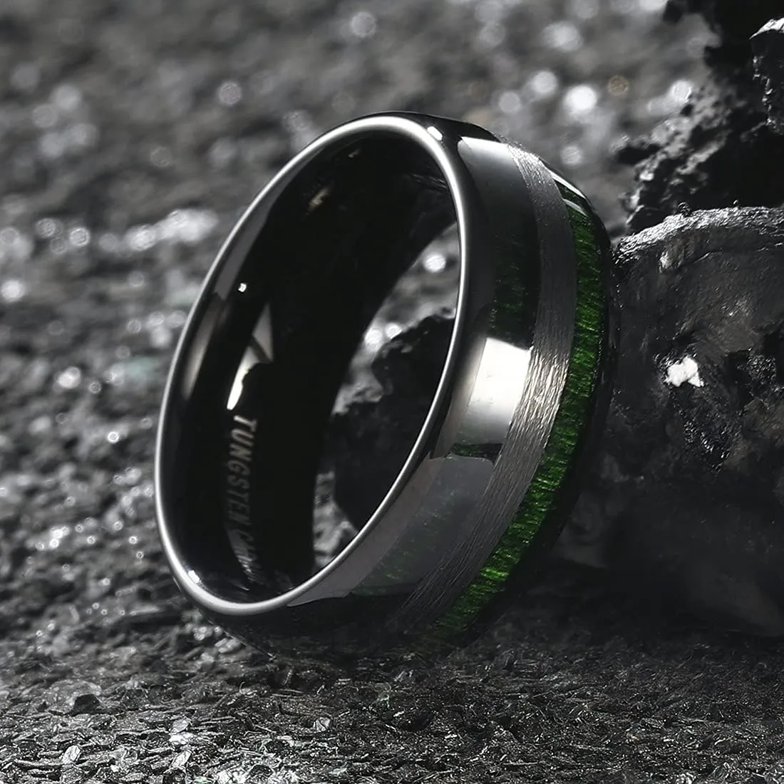 King Will Nature 8mm Custom Mens Domed Green Wood Inlay Black Tungsten Carbide Ring Personalized Wedding Band