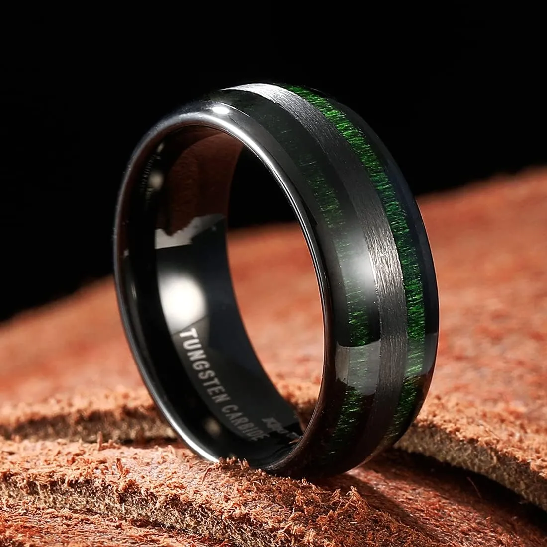 King Will Nature 8mm Custom Mens Domed Green Wood Inlay Black Tungsten Carbide Ring Personalized Wedding Band