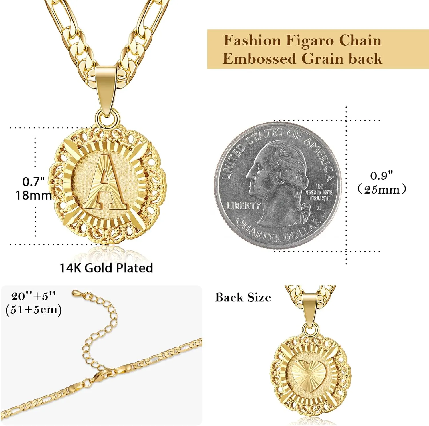 KissYan Initial Necklaces for Women, 14K Gold Plated Round Letter Pendant Capital Monogram Necklace Alphabets from A-Z Figaro Chain Jewelry