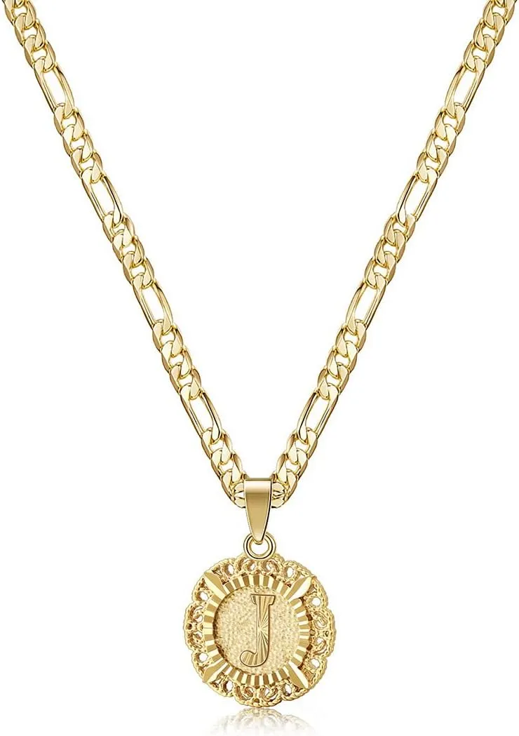 KissYan Initial Necklaces for Women, 14K Gold Plated Round Letter Pendant Capital Monogram Necklace Alphabets from A-Z Figaro Chain Jewelry