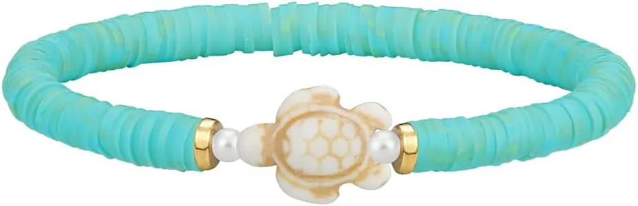 KZL Rainbow Set Sea Turtle Clay Beaded Stretch Bracelet Bohemia Surfer Heishi Bracelets for Women Men Sea Turtle Tracking Bracelet Summer Beach Jewelry Gifts