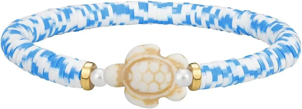 KZL Rainbow Set Sea Turtle Clay Beaded Stretch Bracelet Bohemia Surfer Heishi Bracelets for Women Men Sea Turtle Tracking Bracelet Summer Beach Jewelry Gifts