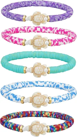 KZL Rainbow Set Sea Turtle Clay Beaded Stretch Bracelet Bohemia Surfer Heishi Bracelets for Women Men Sea Turtle Tracking Bracelet Summer Beach Jewelry Gifts