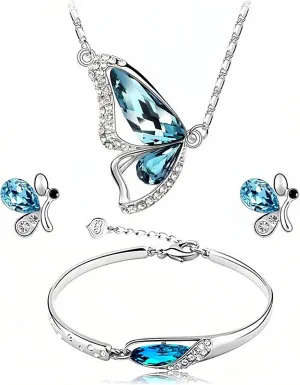 la luen Butterfly Jewelry Set,Blue Butterfly Pendant Necklace Bracelet Earrings for Women