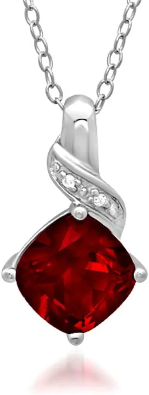 Lab Grown Gemstone and Natural Diamond Pendant Necklace in Sterling Silver |18 inch Sterling Silver Chain| Created Ruby, Created Sapphire or Created Opal|Necklaces for Women