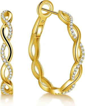 Ladylike Moissanite Hoop Earrings for Women 925 Sterling Silver with 18K Gold Plated Twisted Large Thick Round Huggie Loops Hypoallergenic and Lightweight Earrings 30-50MM