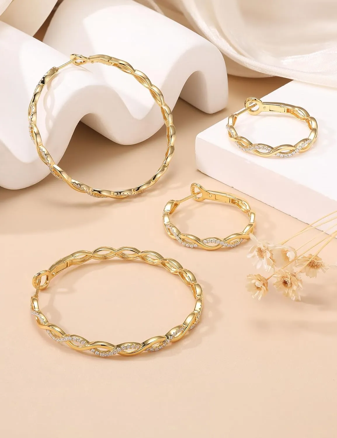 Ladylike Moissanite Hoop Earrings for Women 925 Sterling Silver with 18K Gold Plated Twisted Large Thick Round Huggie Loops Hypoallergenic and Lightweight Earrings 30-50MM