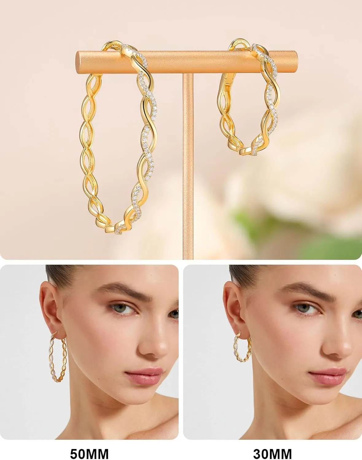 Ladylike Moissanite Hoop Earrings for Women 925 Sterling Silver with 18K Gold Plated Twisted Large Thick Round Huggie Loops Hypoallergenic and Lightweight Earrings 30-50MM