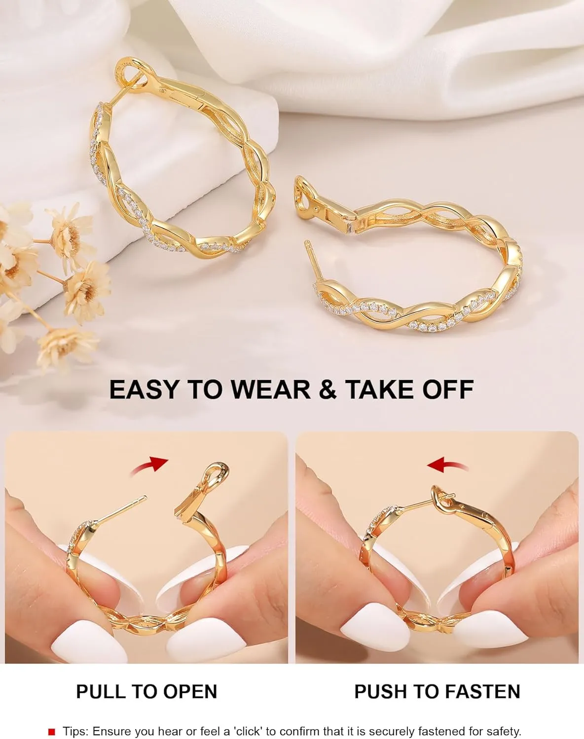 Ladylike Moissanite Hoop Earrings for Women 925 Sterling Silver with 18K Gold Plated Twisted Large Thick Round Huggie Loops Hypoallergenic and Lightweight Earrings 30-50MM