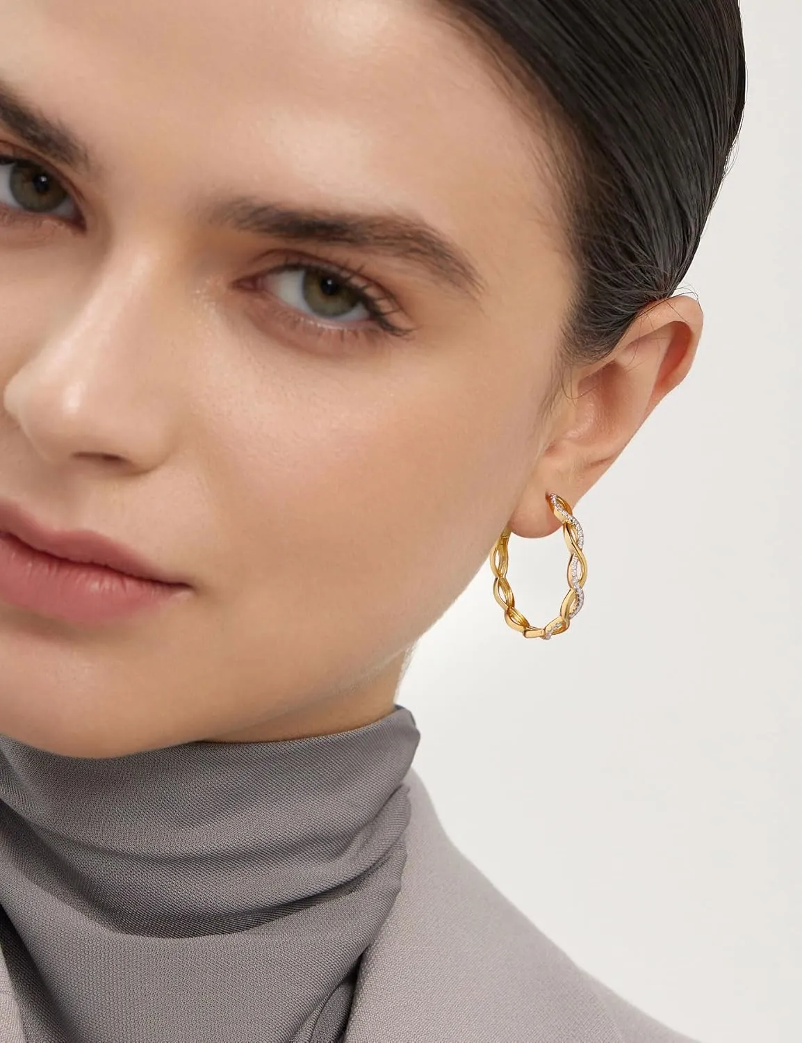 Ladylike Moissanite Hoop Earrings for Women 925 Sterling Silver with 18K Gold Plated Twisted Large Thick Round Huggie Loops Hypoallergenic and Lightweight Earrings 30-50MM
