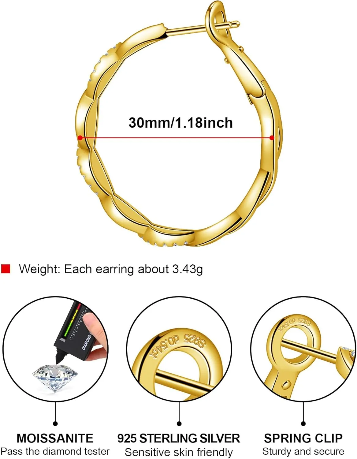 Ladylike Moissanite Hoop Earrings for Women 925 Sterling Silver with 18K Gold Plated Twisted Large Thick Round Huggie Loops Hypoallergenic and Lightweight Earrings 30-50MM