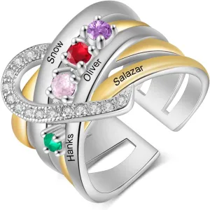 Lam Hub Fong Personalized Mothers Ring with 4 Birthstones - Custom Mom Rings with Engraved Names - Adjustable Jewelry for Mother's Day, Christmas & Special Occasions Gift