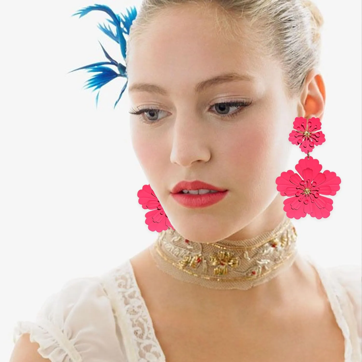 Large Metal Double Flower Earrings for Women Boho Statement Flower Dangle Earrings Bohemian Jewelry