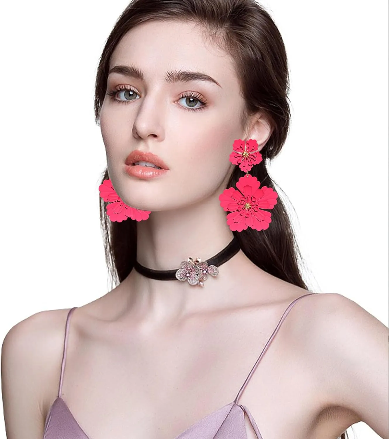 Large Metal Double Flower Earrings for Women Boho Statement Flower Dangle Earrings Bohemian Jewelry