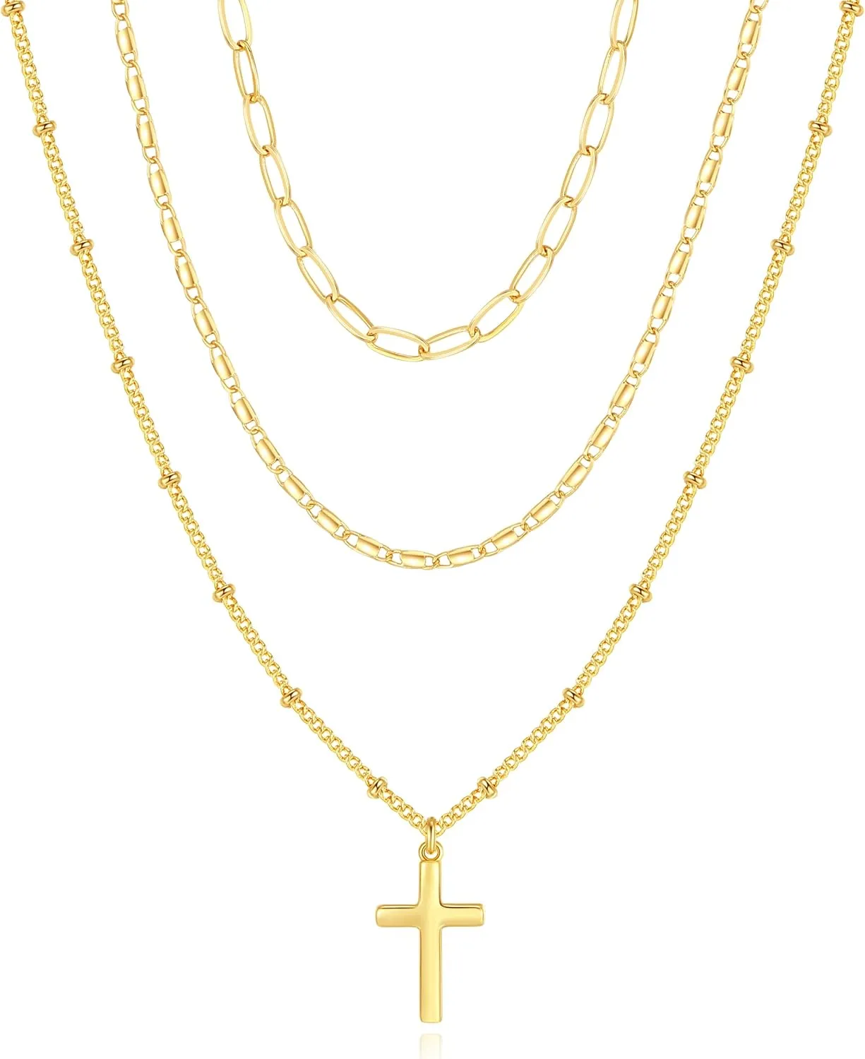 Layered Gold Necklace for Women, Trendy Stackable 14k Gold CZ Diamond Cross Pendant Necklace Jewelry, Paperclip Box Flat Mariner Chain Necklace Beach Vacation Religious Belief Gifts for Women