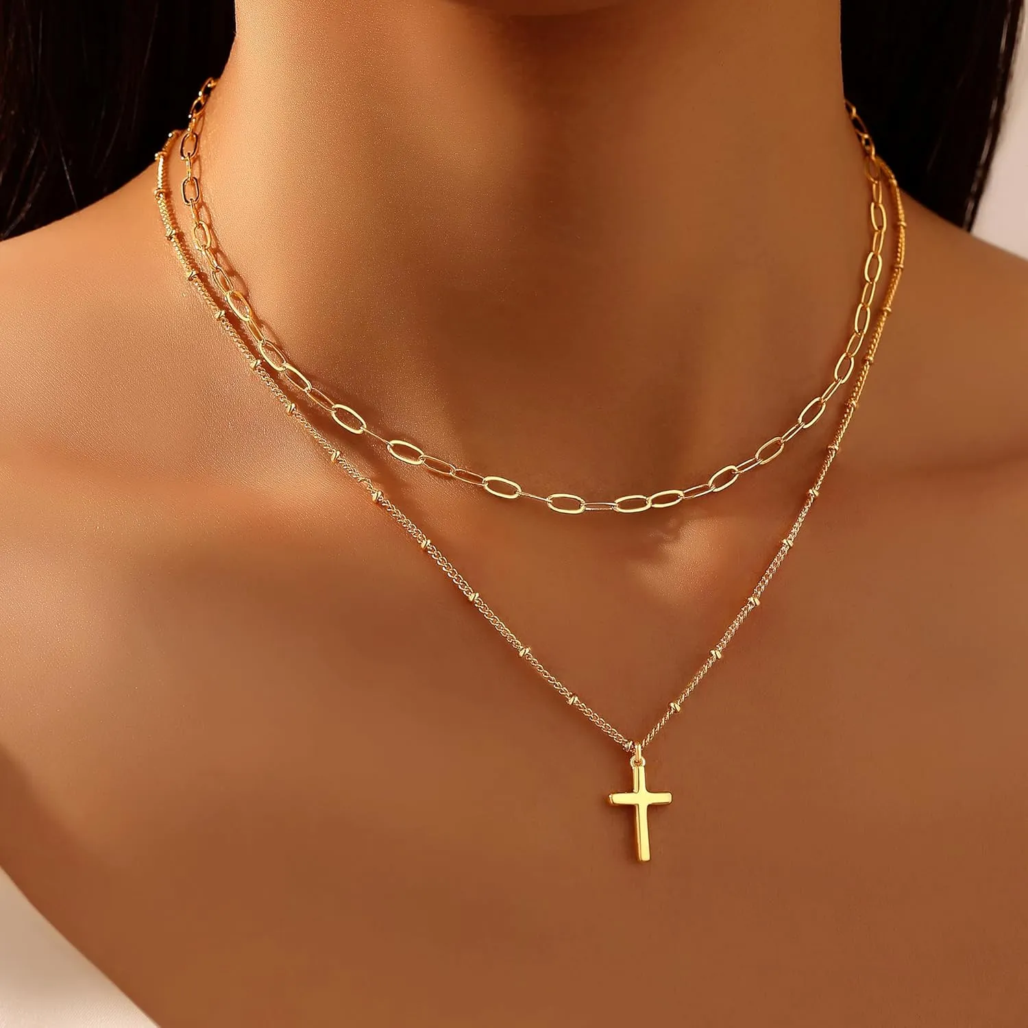 Layered Gold Necklace for Women, Trendy Stackable 14k Gold CZ Diamond Cross Pendant Necklace Jewelry, Paperclip Box Flat Mariner Chain Necklace Beach Vacation Religious Belief Gifts for Women