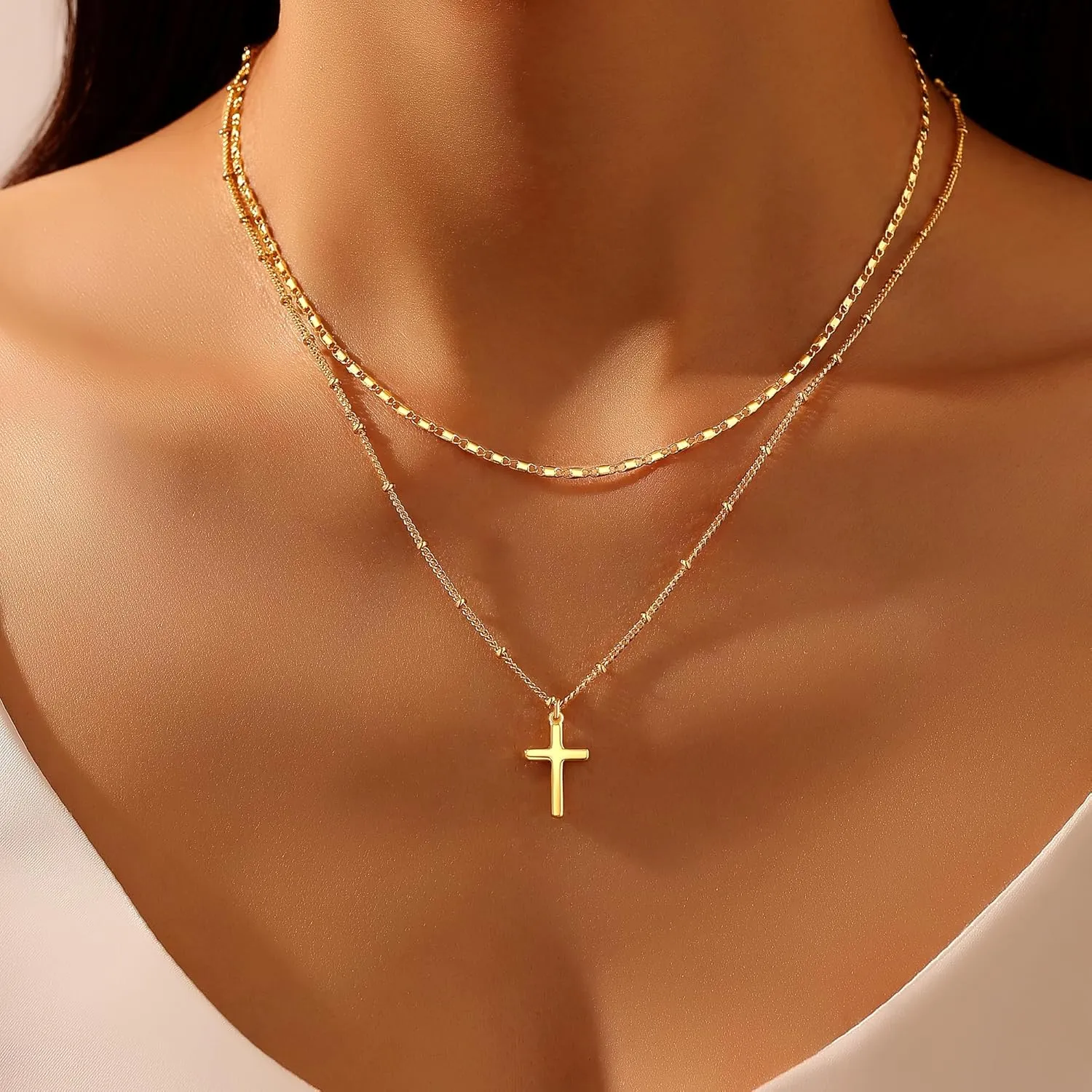 Layered Gold Necklace for Women, Trendy Stackable 14k Gold CZ Diamond Cross Pendant Necklace Jewelry, Paperclip Box Flat Mariner Chain Necklace Beach Vacation Religious Belief Gifts for Women