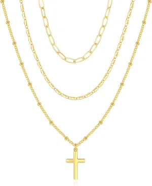 Layered Gold Necklace for Women, Trendy Stackable 14k Gold CZ Diamond Cross Pendant Necklace Jewelry, Paperclip Box Flat Mariner Chain Necklace Beach Vacation Religious Belief Gifts for Women