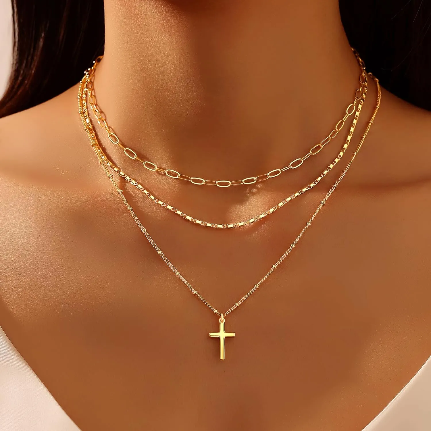 Layered Gold Necklace for Women, Trendy Stackable 14k Gold CZ Diamond Cross Pendant Necklace Jewelry, Paperclip Box Flat Mariner Chain Necklace Beach Vacation Religious Belief Gifts for Women