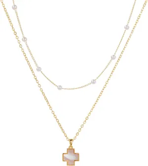 Layered Pearl Necklaces for Women 14K Gold Plated Natural Shell Butterfly Cross Pendant Necklace Dainty Pearl Chain Choke Necklace Everyday Jewelry Gift (cross)