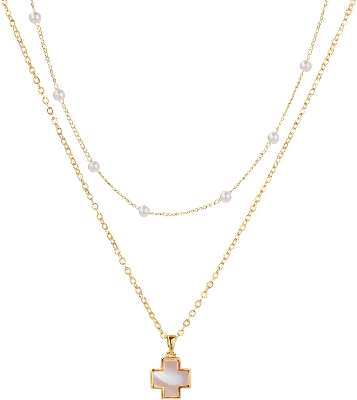 Layered Pearl Necklaces for Women 14K Gold Plated Natural Shell Butterfly Cross Pendant Necklace Dainty Pearl Chain Choke Necklace Everyday Jewelry Gift (cross)