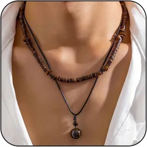 Layered Puka Shell Necklace for Men Brown Coconut Wood Beads Necklace Boho Mens Summer Necklace Surfer Beach Necklace Jewelry