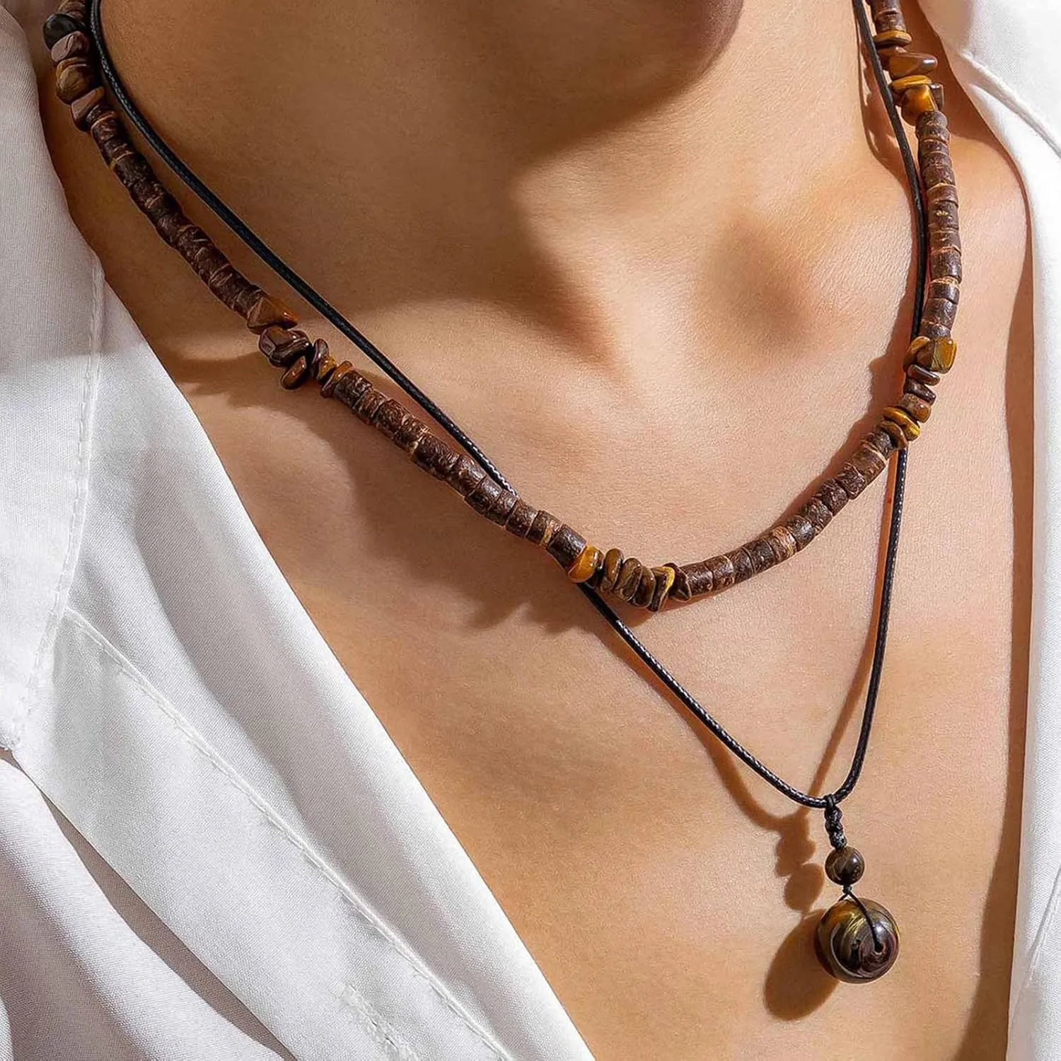 Layered Puka Shell Necklace for Men Brown Coconut Wood Beads Necklace Boho Mens Summer Necklace Surfer Beach Necklace Jewelry