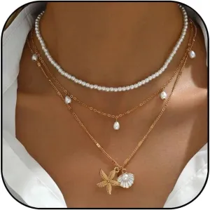 Layered Starfish Necklace for Women Gold Seashell Starfish Conch Charm Pendant Necklace Silver Layered Pearl Beaded Choker Necklace Summer Surfer Jewelry Gifts for Women
