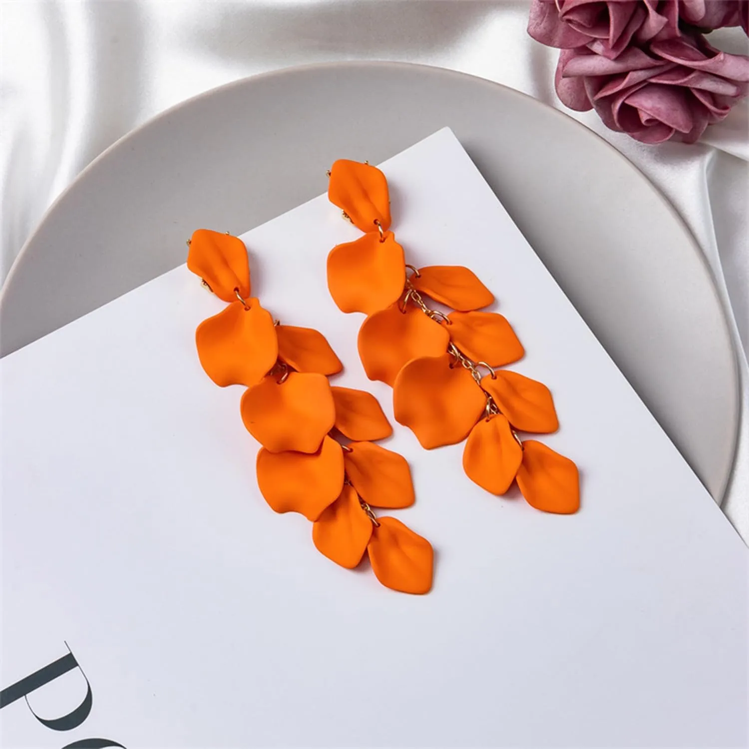 Layered Tassel Bohemian Dangle Earrings, Acrylic Rose Petal Drop Earrings Holiday Festive Costume Earrings Gift for Women
