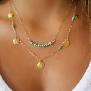 Layered Turquoise Pendant Necklace Gold Sequin Chain Necklace Blue Beads Choker Necklace Turquoise Disc Necklace Chain Jewelry for Women