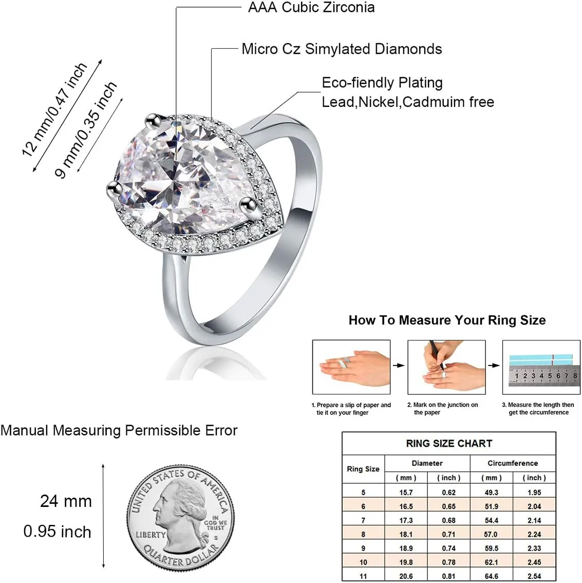LAZLUVU 4.85 Carat Teardrop Cubic Zirconia Rings for Women Solitaire Halo Promise Wedding Engagement Ring Mothers Day Christmas Jewelry Gift for Her Size 5-11